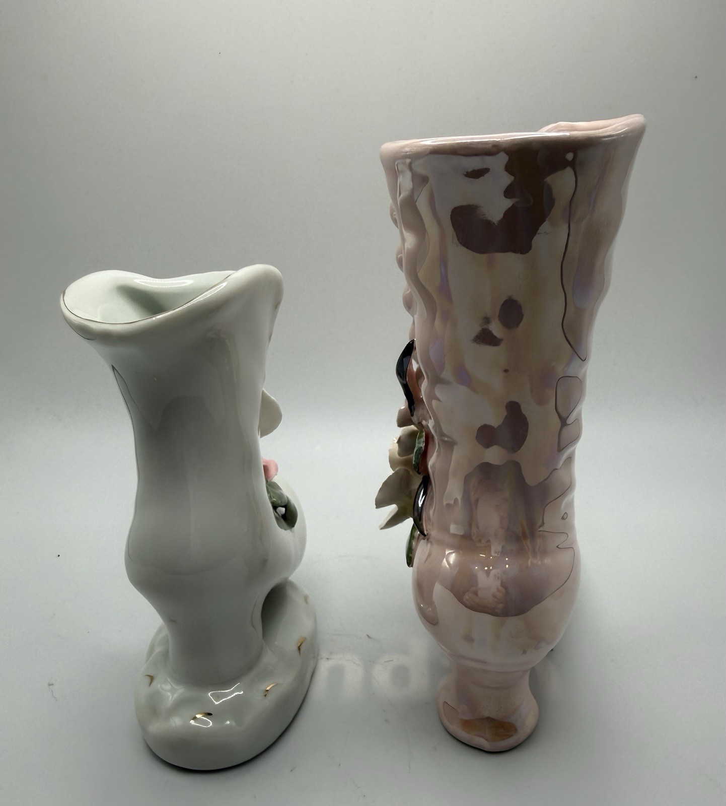 Vintage Porcelain Victorian Style Shoe Figurines W Attached Flowers Set Of 2
