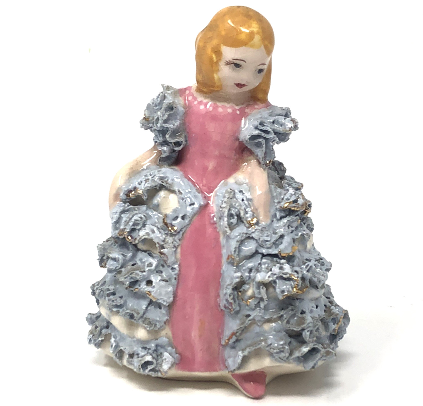 Vintage Porcelain Lace Girl Figurine Victorian Blond Pink Dress Blue Ruffle Gold