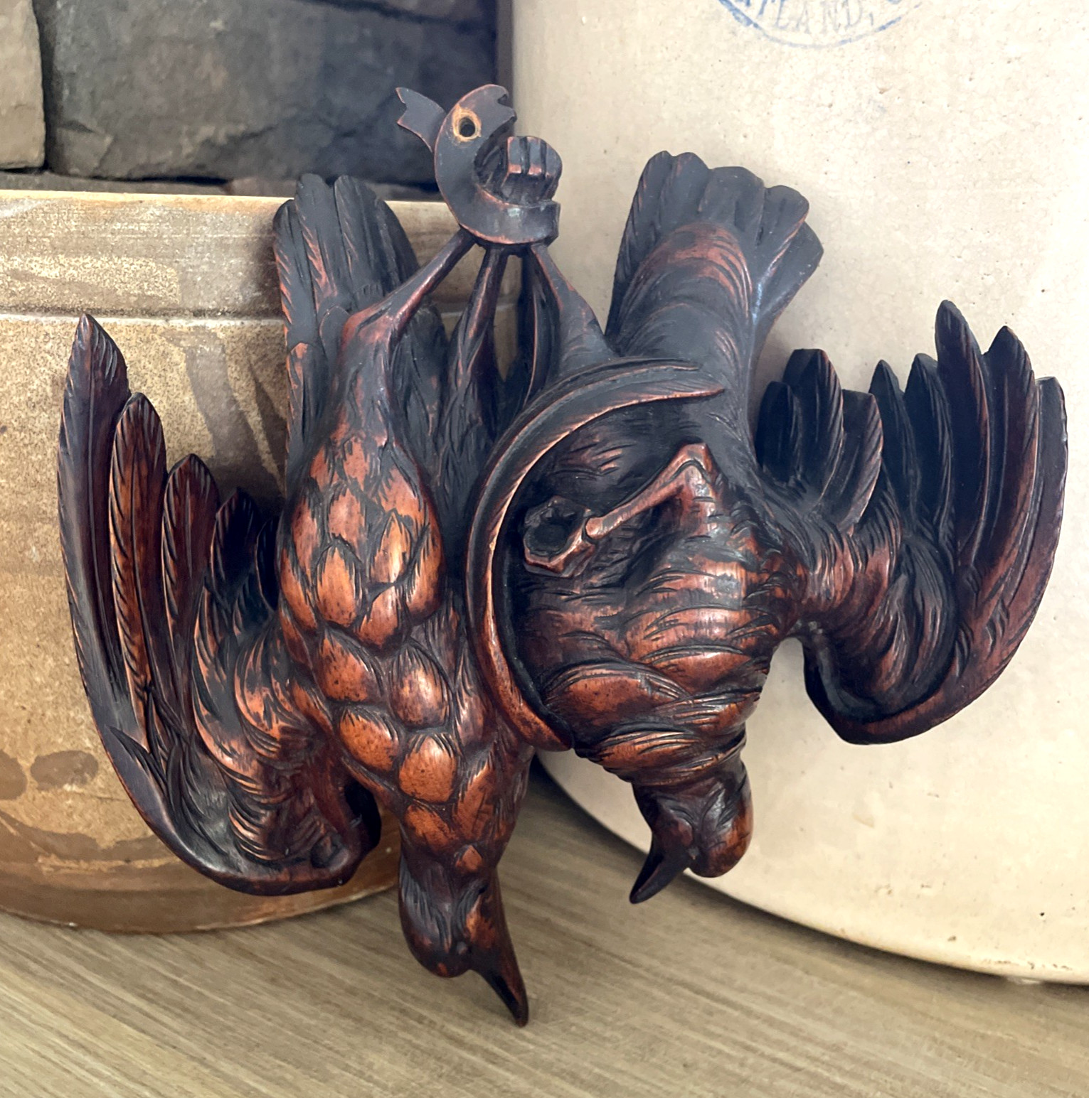 Antique Black Forest Carved Wood Hunting Trophy Two Game Birds Nature Morte