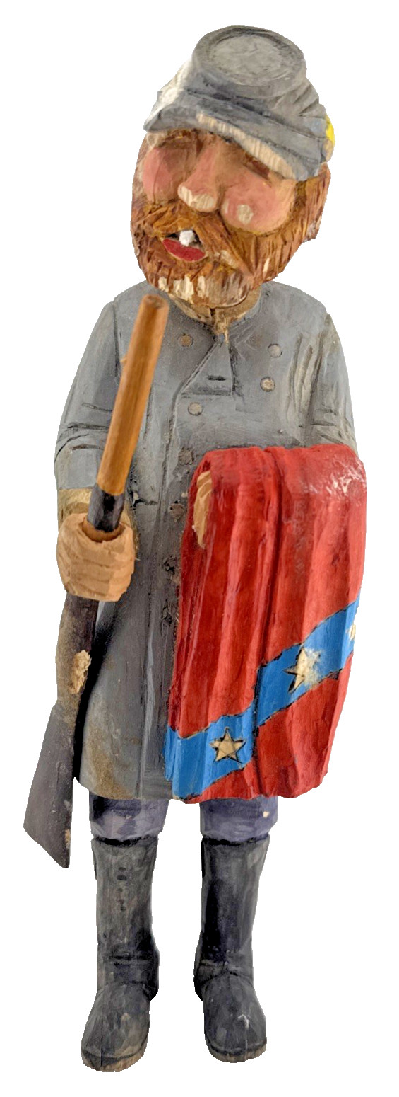 Carved Wood Confederate Soldier Figure Peg Neck Rustic Primitive 10 1/4″ Tall