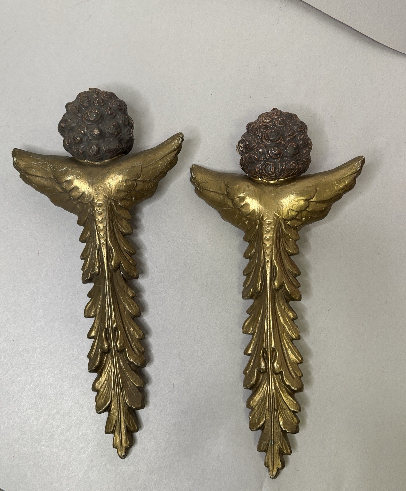 Pair Vintage Cherub Angel Christmas Ornaments Florentine Style Gold 9”