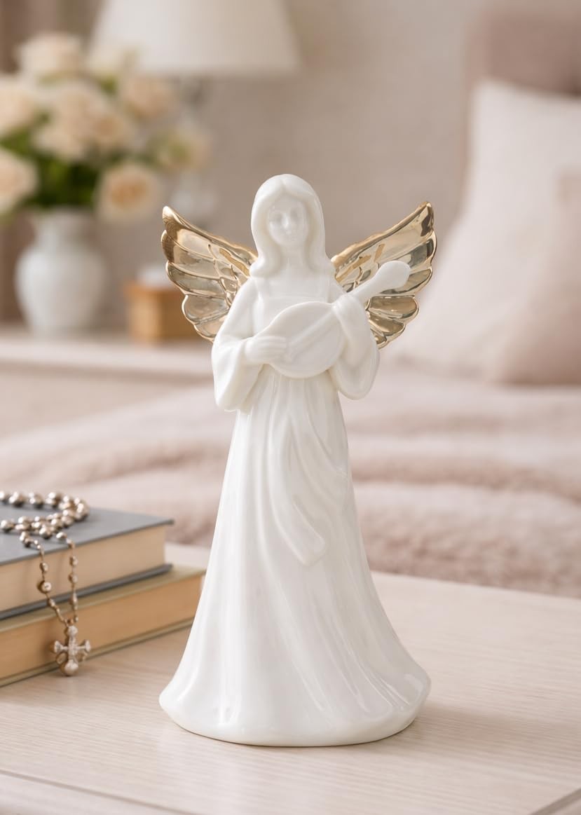 Christian Angel Night Light Porcelain Figurine Warm LED Bedside 7 Inch H