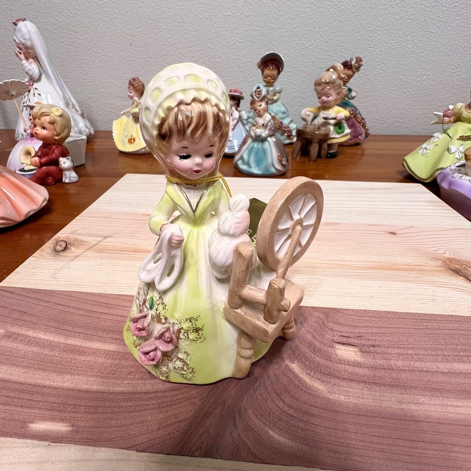 Josef Originals Rare COLONIAL DAYS SERIES, Girl in Green Spinning Wheel Figurine