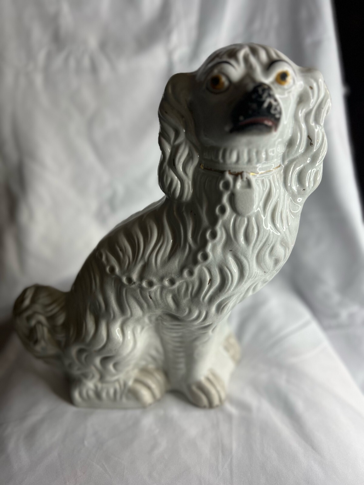 Set of 2 Vtg Staffordshire Ware Kent England 12” White Gold Mantle Dogs Spaniels