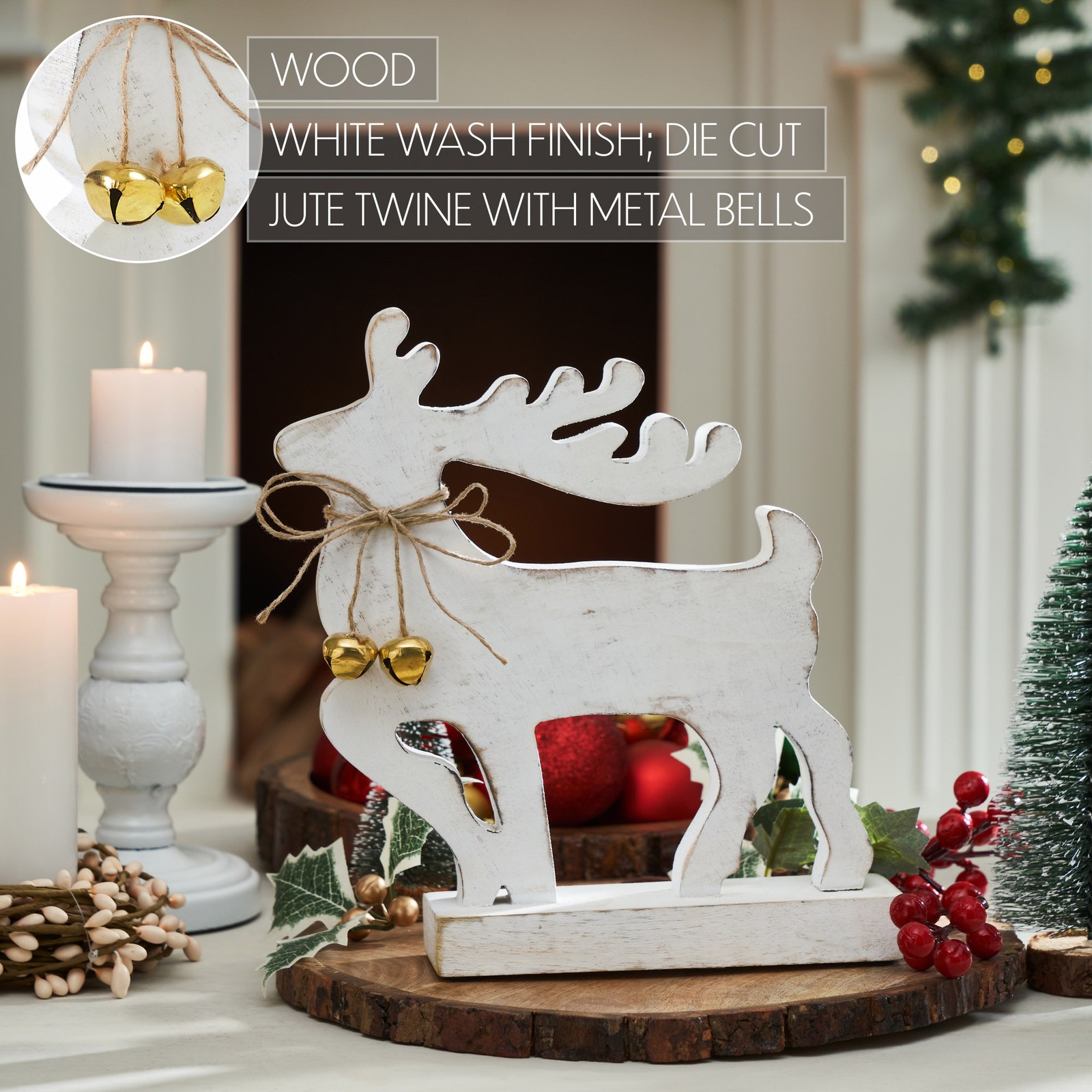 2PC Winter Walk Distressed White Wooden Reindeer ,Small and Large VHC Brands