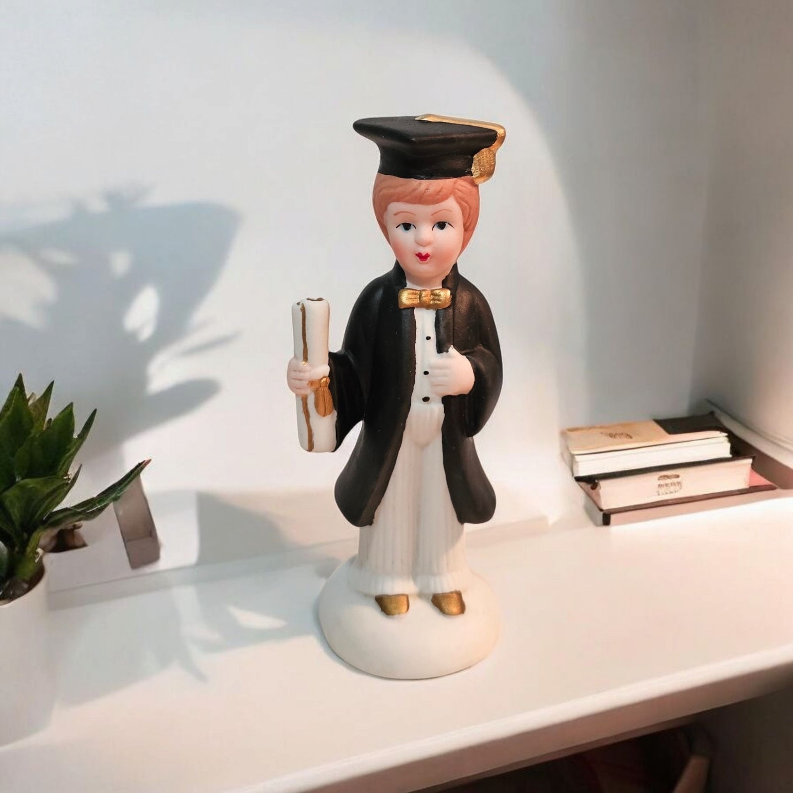 Graduation Party Decor or Gift Figurine Graduate w Diploma Ceramic New Old Stock