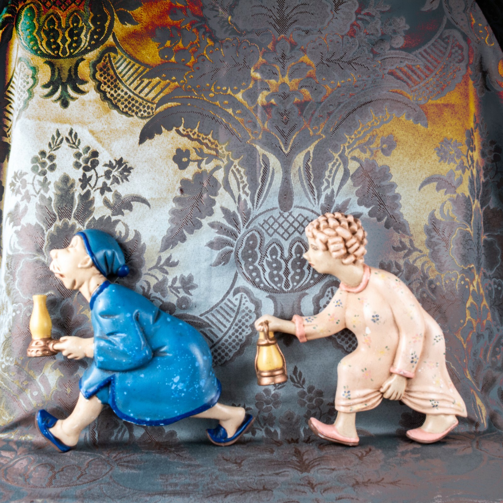 1940’s Old Couple Man Woman Walking with Lantern Vintage Wall Plaque