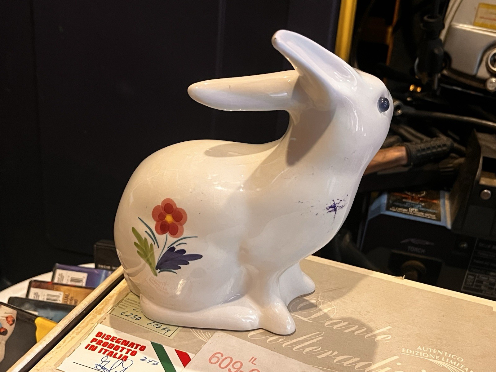 Vintage White Ceramic Bunny Made In Portugal ELPA Alcobaca Hand Painted Floral