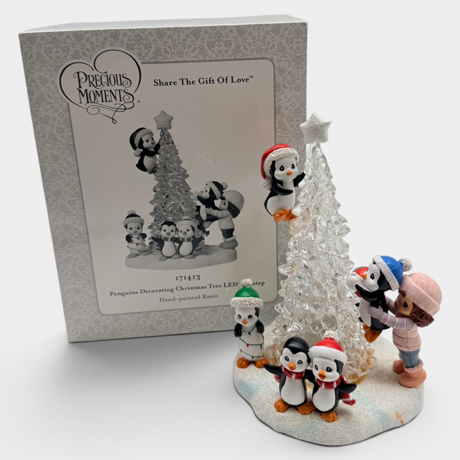 Precious Moments Penguins Decorating Christmas Tree LED 171413 w/ Box