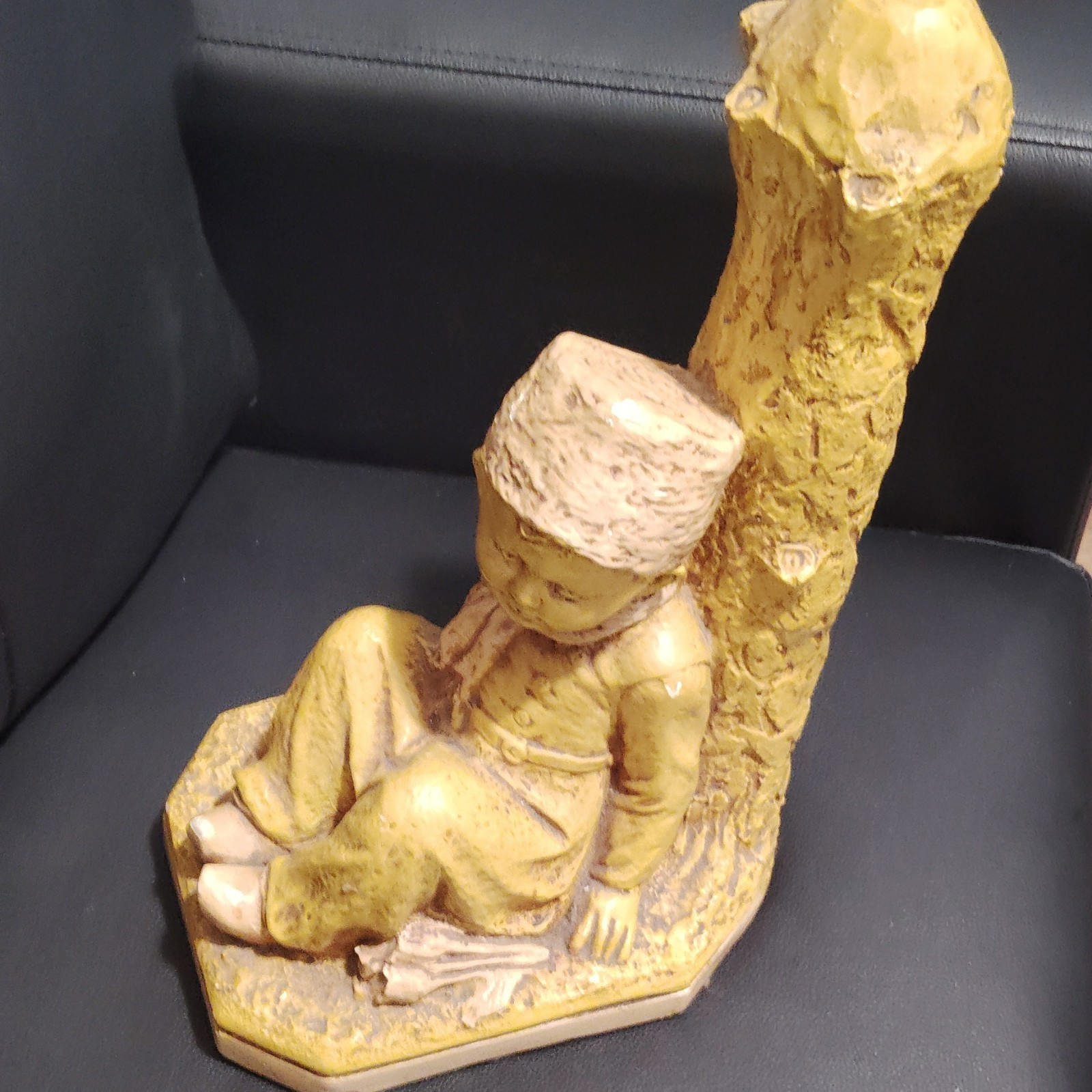 Ceramic Textured Boy Figurine Leaning on Tree Gloss Finish Brown/Beige 11 in