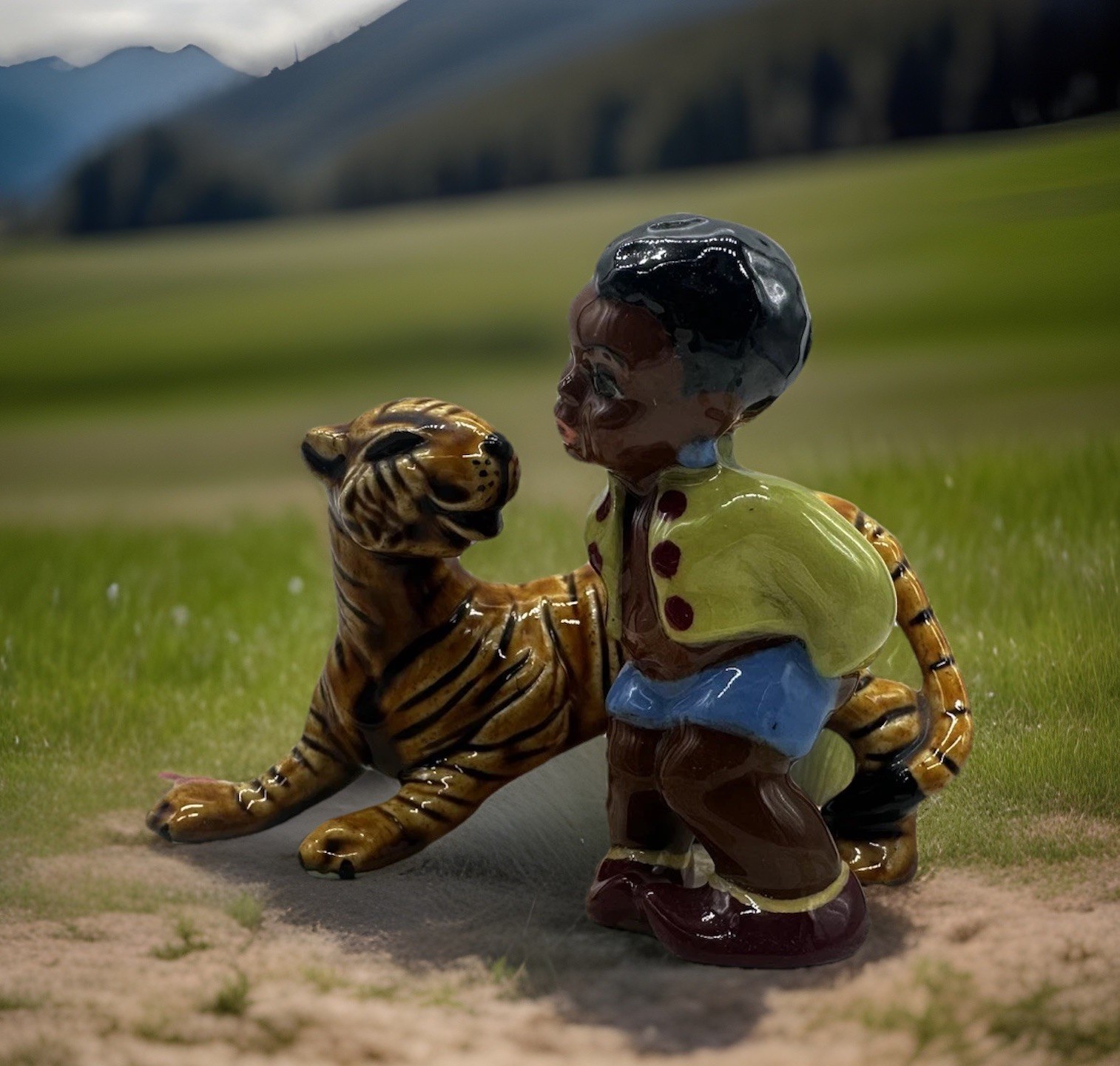 RARE 1950s Ceramic Arts Studio Figurine: Little Boy & Tiger Display