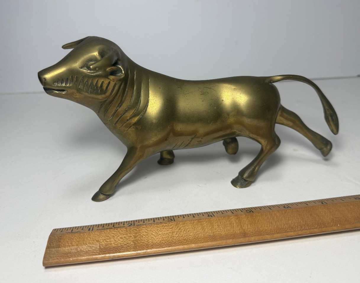 Vintage Brass Bull Figurine Running Cow Ox Statue 8.5″ Long