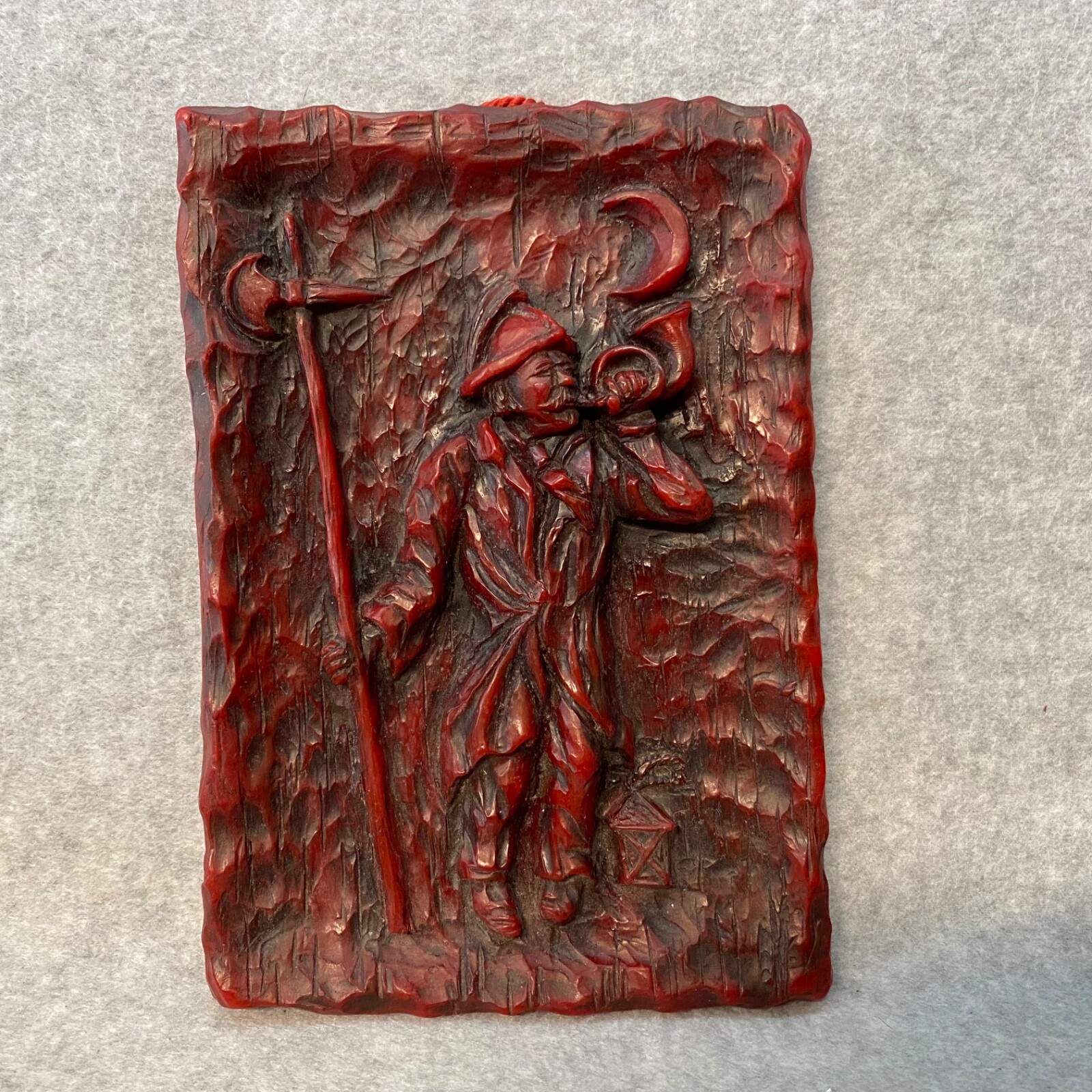 Vintage German Red Wax Relief Carving Man With Horn Crescent Moon Wall Hanging