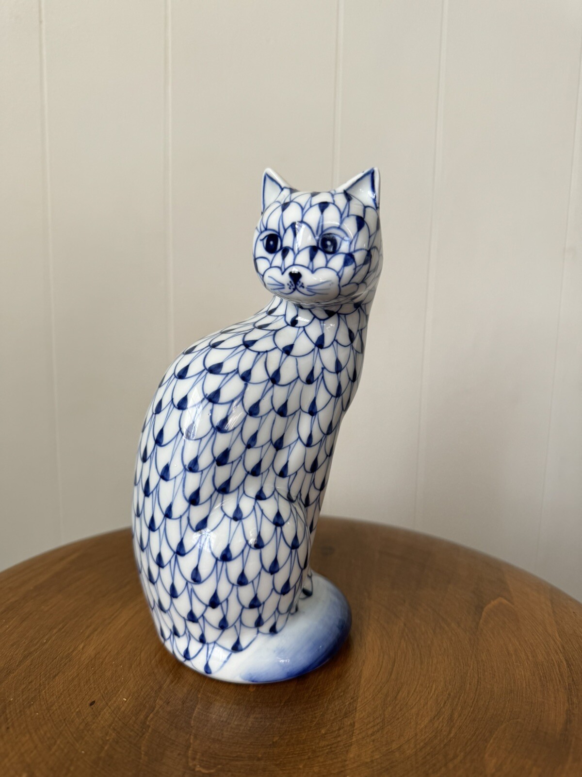 Vtg Andrea by Sadek Hand Painted Cat Fishnet Blue and White Ceramic Figurine