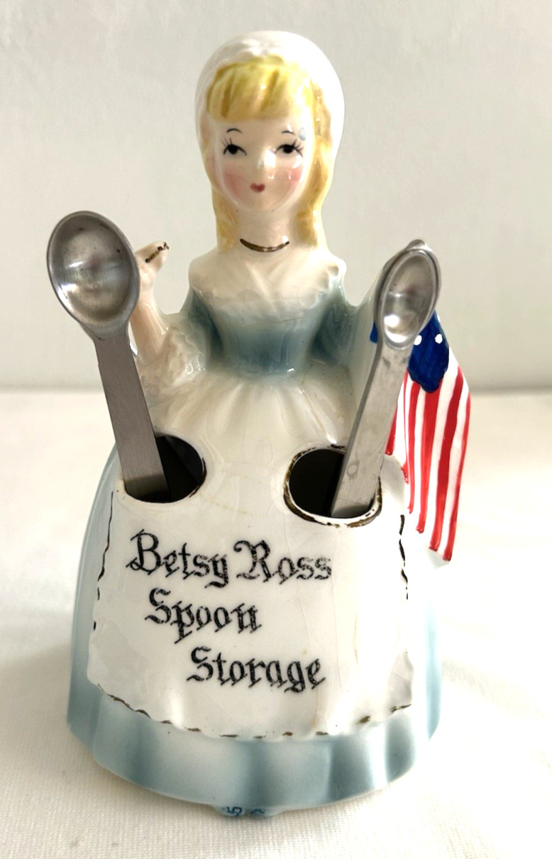 Vintage Enesco Betsy Ross Storage Patriotic Flag Figurine With Spoons 6″ high
