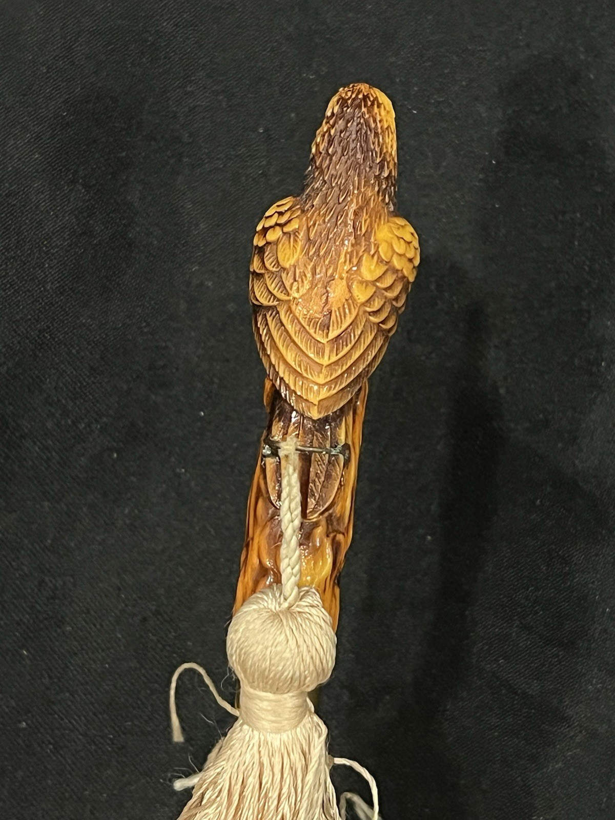 Vintage Japan 10” Carved Resin Bird Shoe Horn Faux Ivory Eagle Hawk Tassel Valet