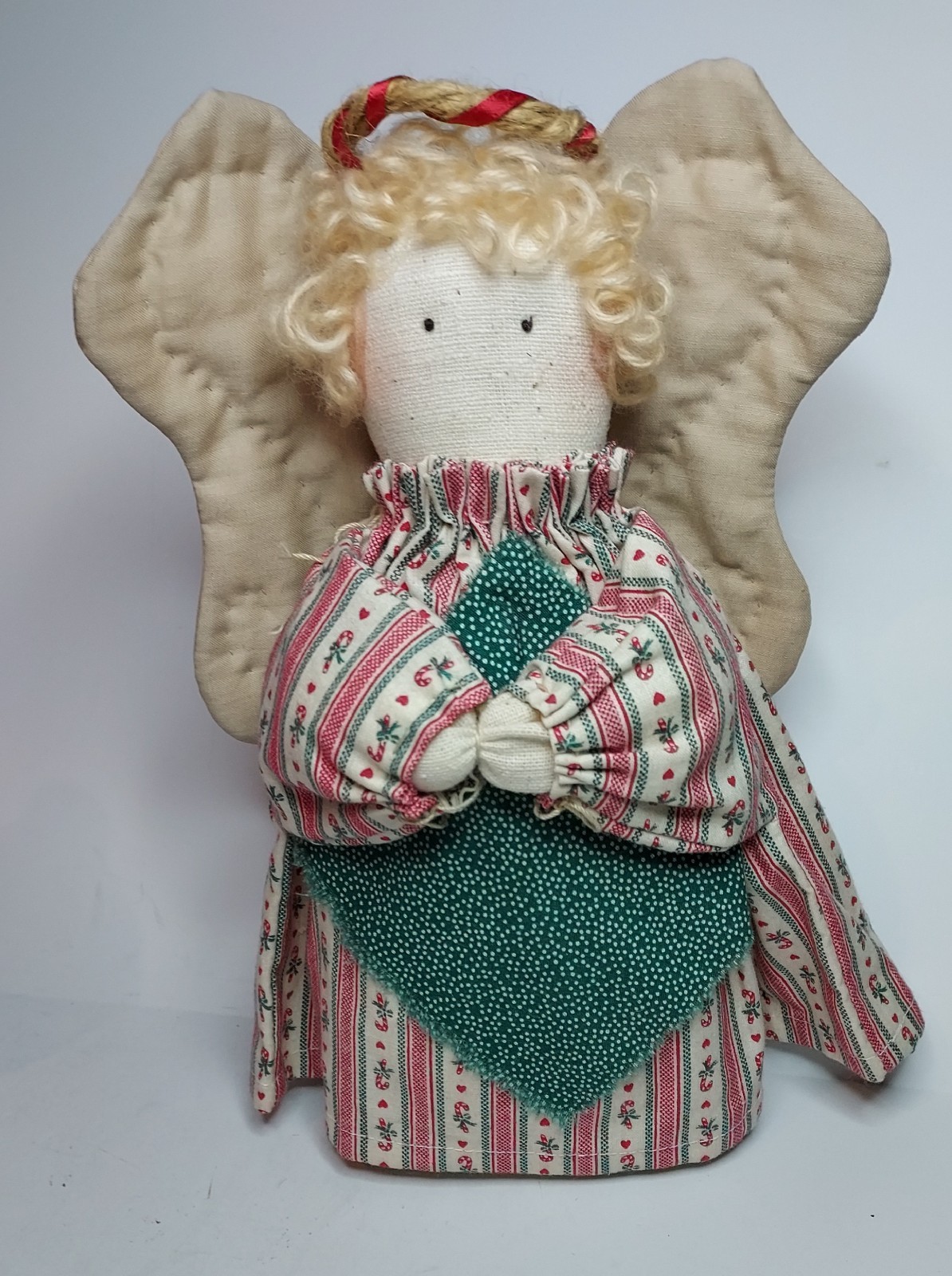 Fabric Stuffed Provencale Angel With Halo and Quilted Wings