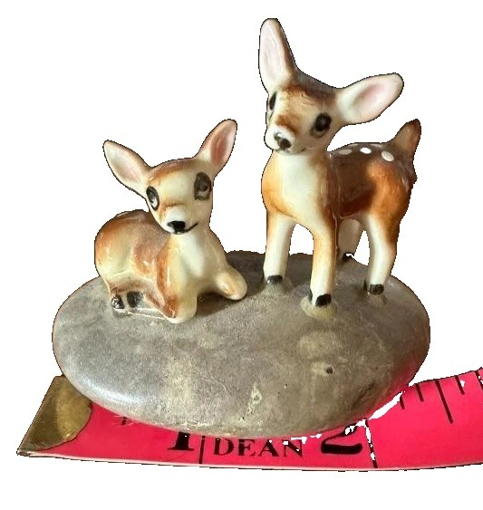 VTG Porcelain Fawn Deer Figurine on Polished Stone Base Miniature Woodland Decor