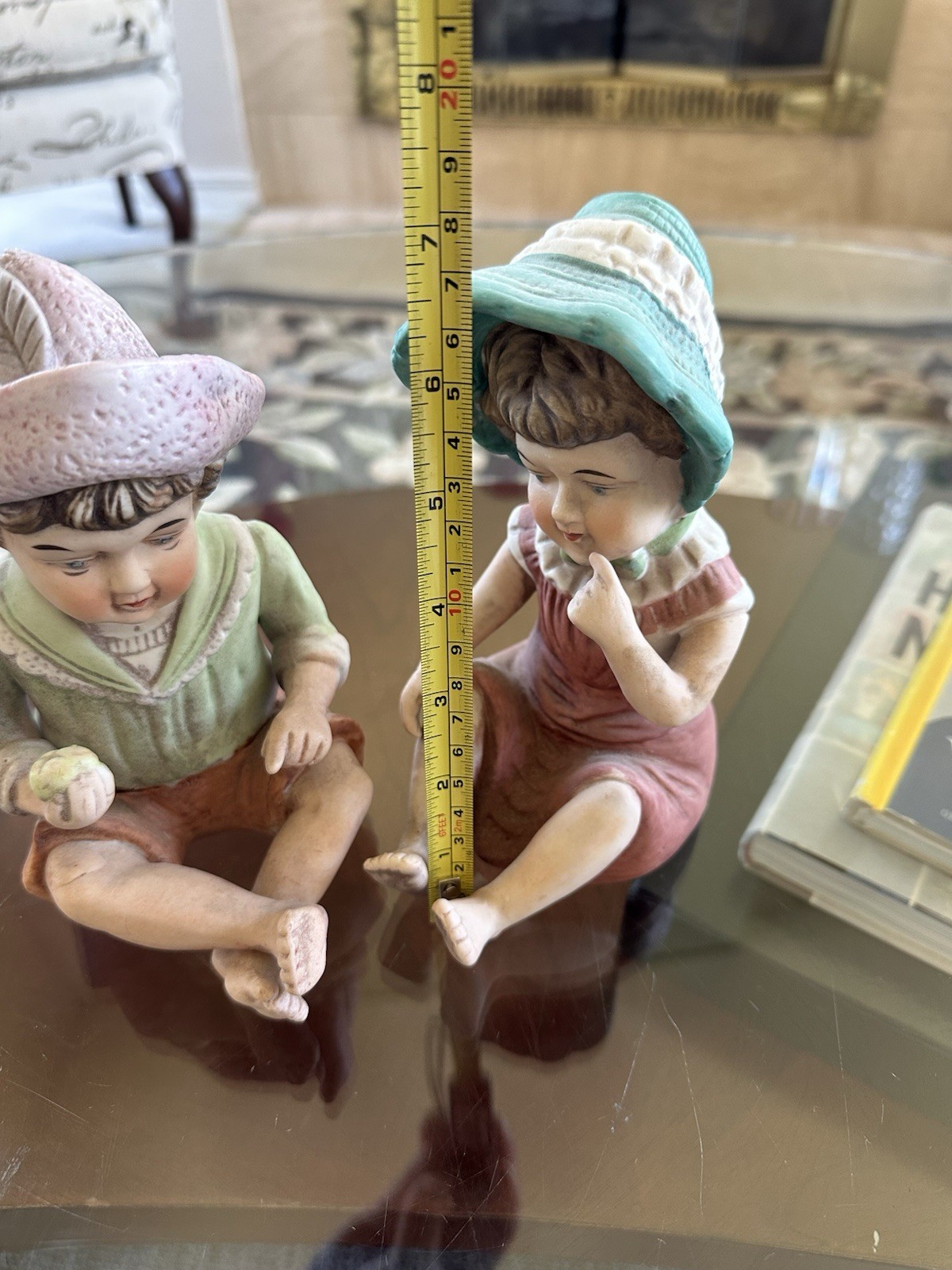 Antique Vintage 7″ Bisque Porcelain Seated Piano Boy & Girl Babies 2 pc. Pair