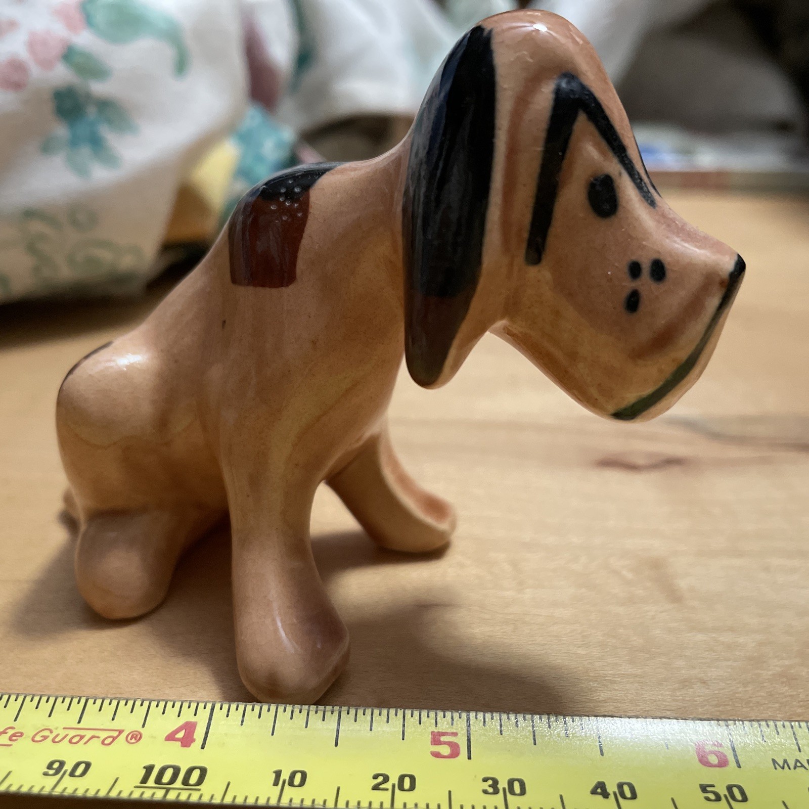 Vintage Ceramic Brown & Black Sitting Hound Dog Figurine Bloodhound Sad