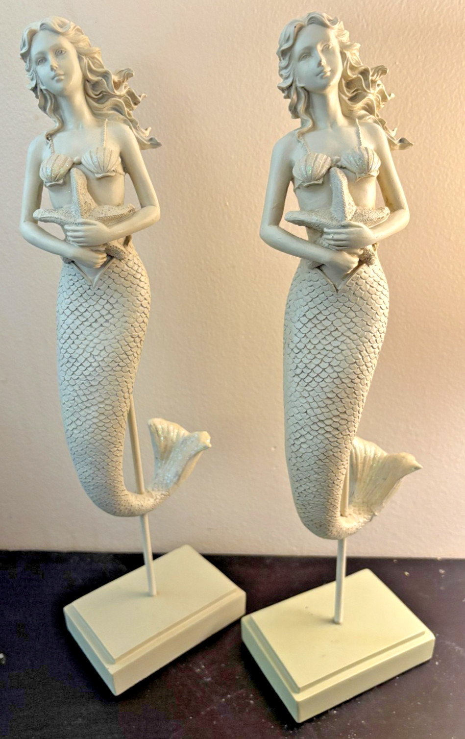 Resin White Finish Mermaid Figurines 16″ Set of 2 Holding Starfish Coastal Decor