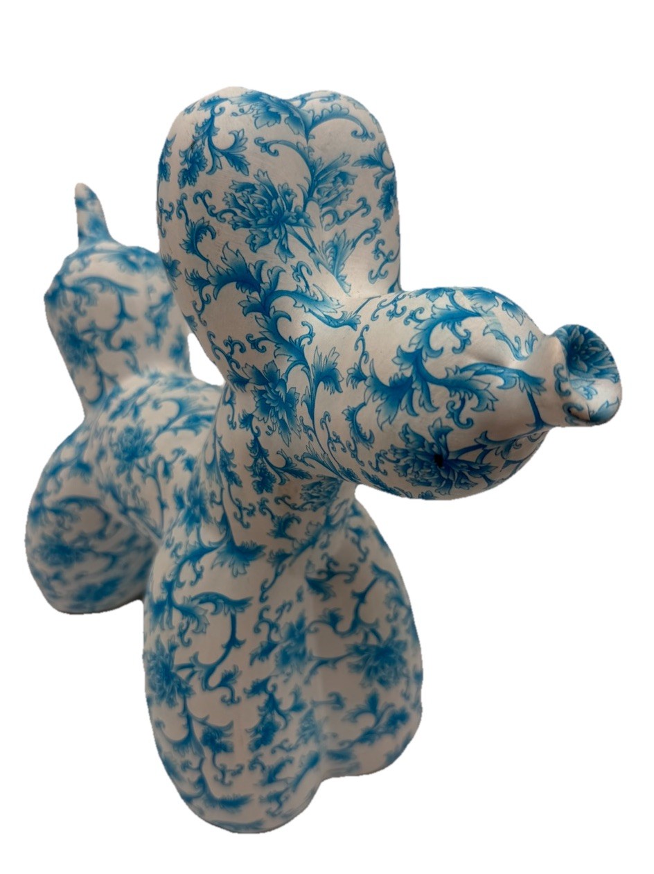 Ceramic Balloon Dog Pop Art Statue Figurine Blue & White Floral Design Decor VTG