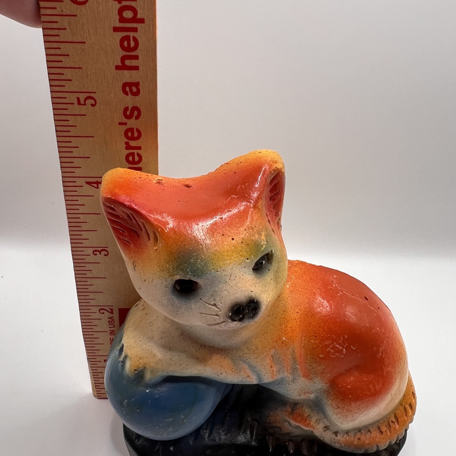 Vintage Chalkware Carnival Prize. 4in. Orange/blue. Cat with ball. Hand Painted