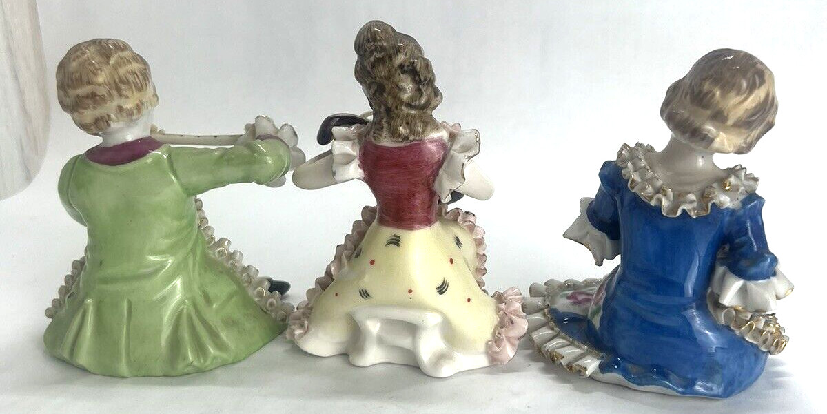 Vtg Set of 3 Porcelain Hand Painted Victorian Musical Figurines Thames Mandolin