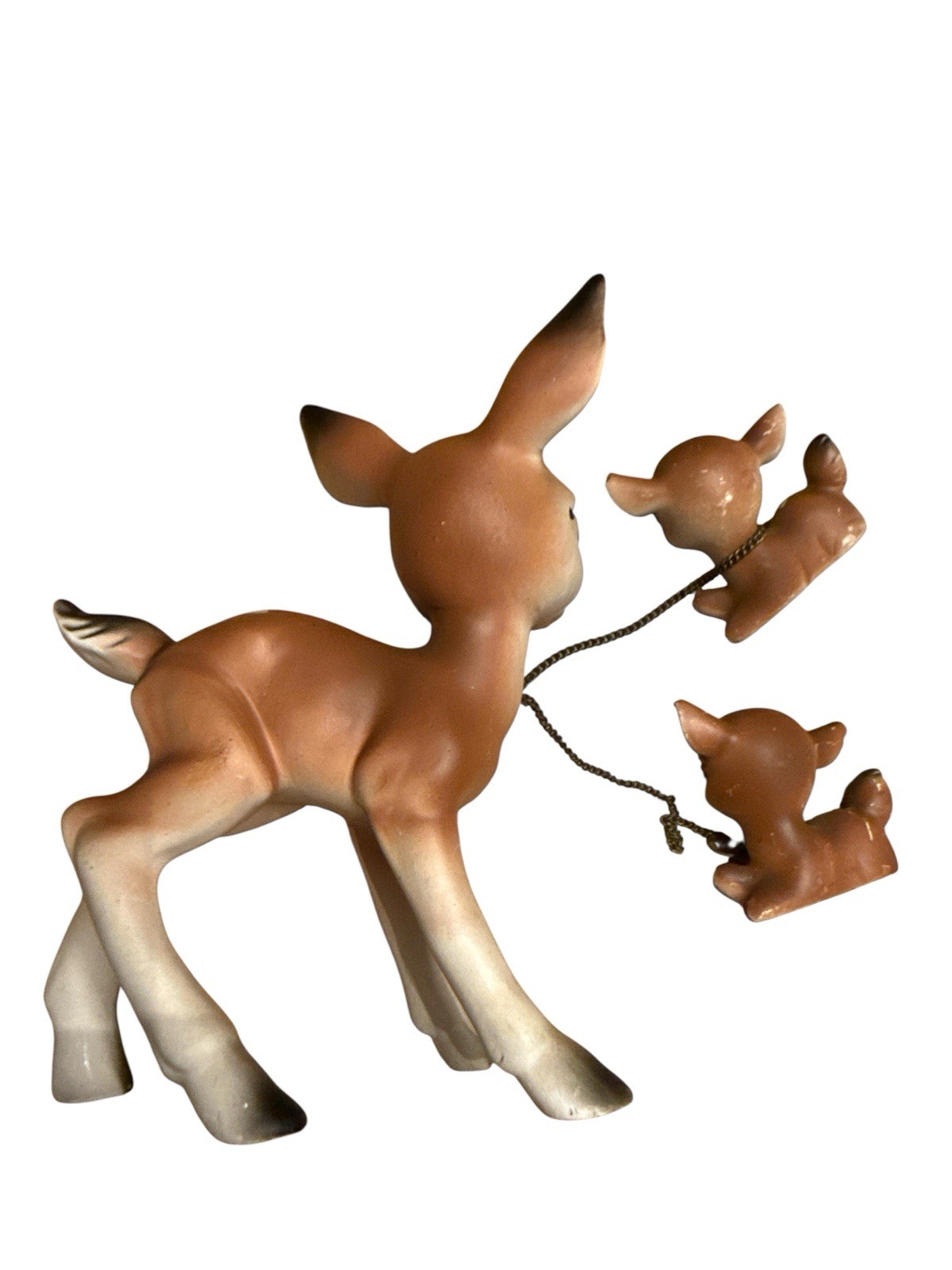 Vintage Mid Century Ceramic Deer Family Set Doe & 2 Fawns Chain Leash Kitsch