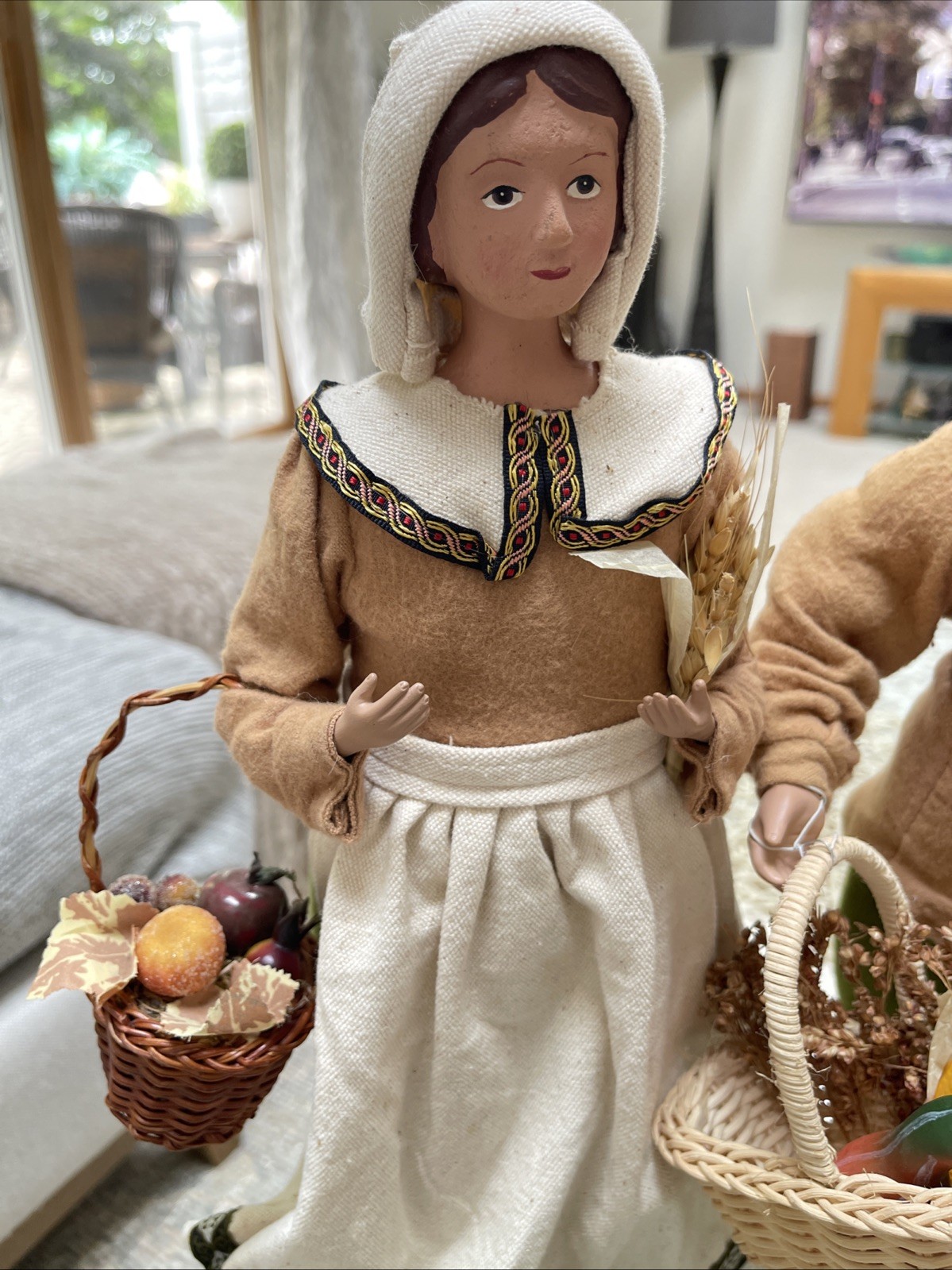 Handcrafted Folk Art Pair Of Pilgrim Figures 16″ H Papier Mache Mixed Materials