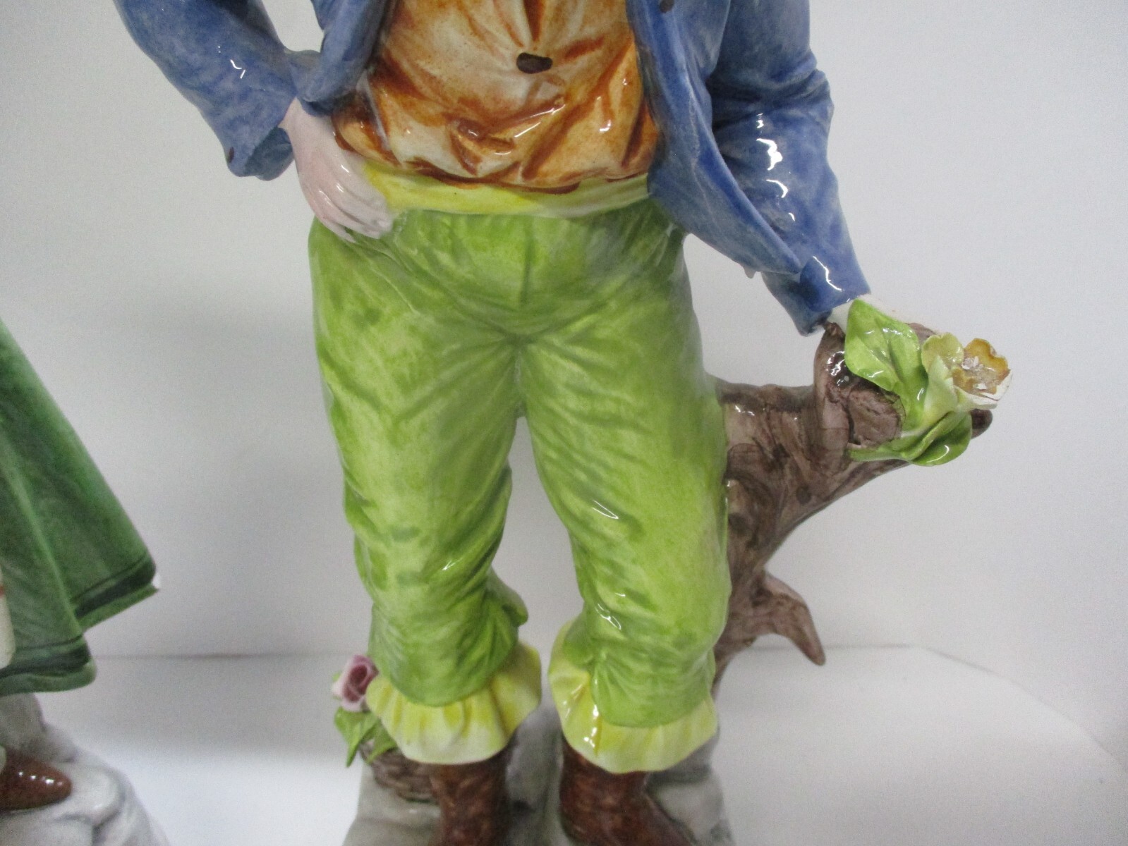 2 Ethan Allen Italy Figures Lady w/ Flowers, Man Leaning on Tree Stump