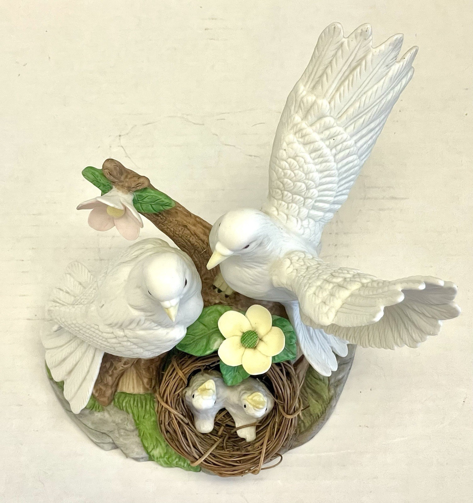 Doves with Baby Squabs Vintage Matte Porcelain Figurine Wellington Collection