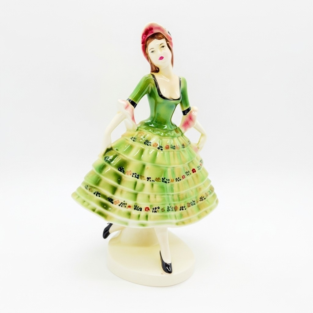 Vintage Goldcrest Porcelain Dancer Figurine in Green Dress 7″ Tall 3” Pedestal