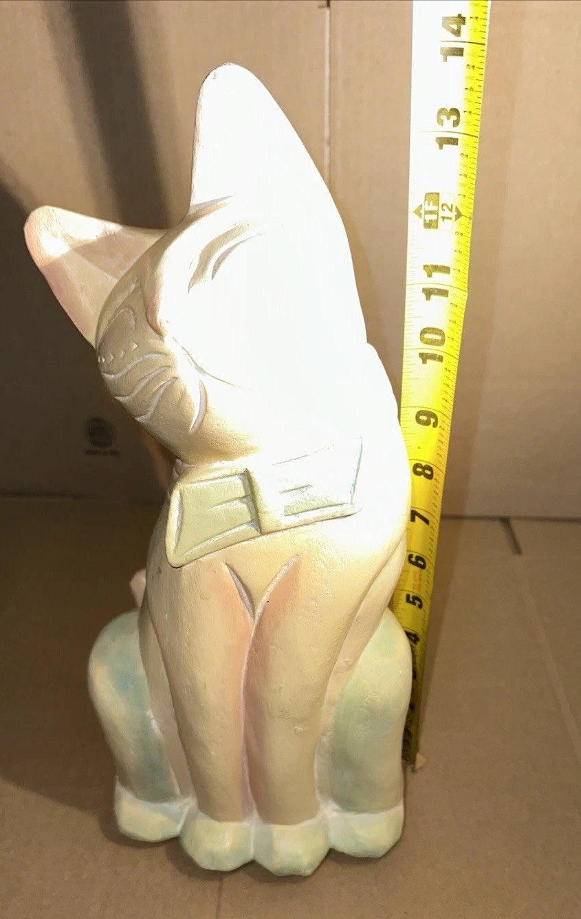 Vintage Sitting Cat Solid Wood 13.5″ Tall Pastel Colors Hand Carved In Thailand