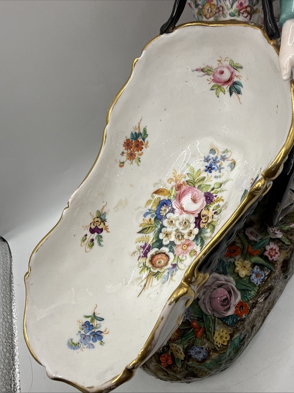 Antique 1880-90 Hand Painted Sitzendorf Porcelain Figure Flowers Wheel Barrow