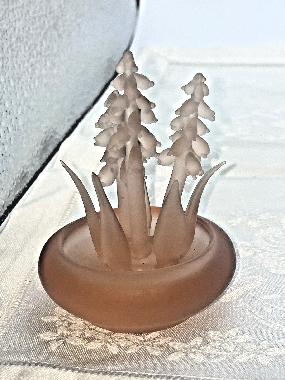 Vintage BALOS Frosted Mouthblown Glass Lily Of The Valley Flower Figurine Pink
