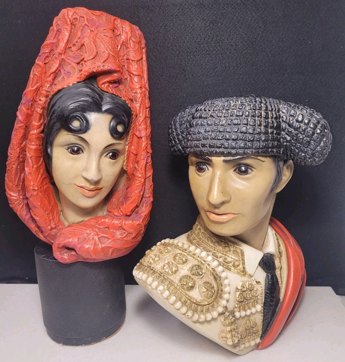 1966 Chalkware MCM Marwal Matador Spanish Bull Fighter & Lady Senorita Busts VG