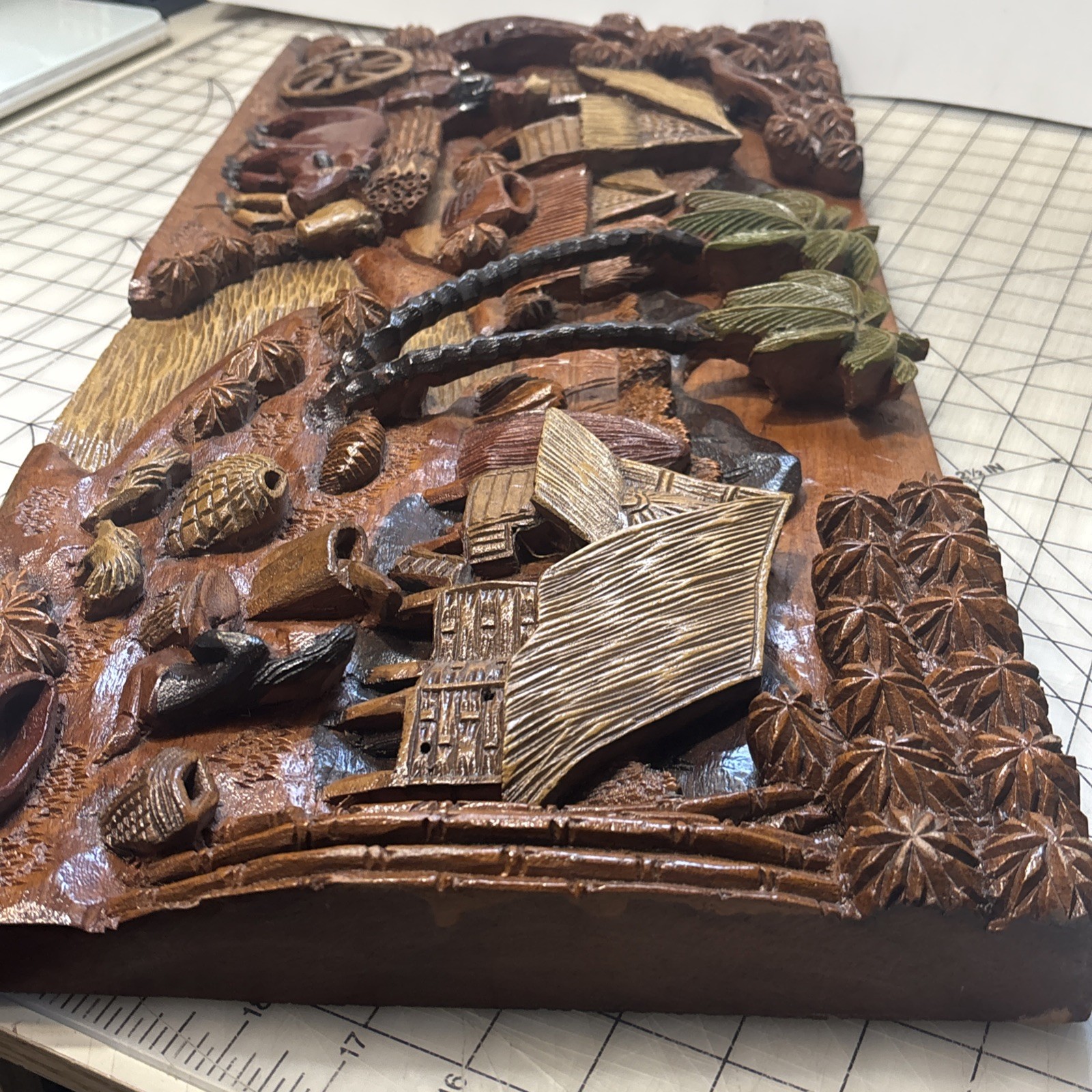 Pristine 25″ Vintage Philippines 3D Wood Relief Panel 1960s Peace Corps Carving