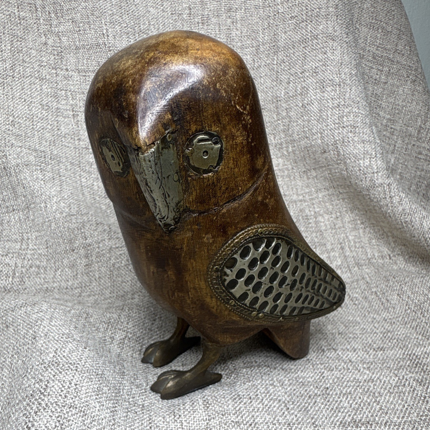 Wood Carved Owl w/ Brass Metal Wings, Beak, Eyes & Feet, Patina 5.5 inches