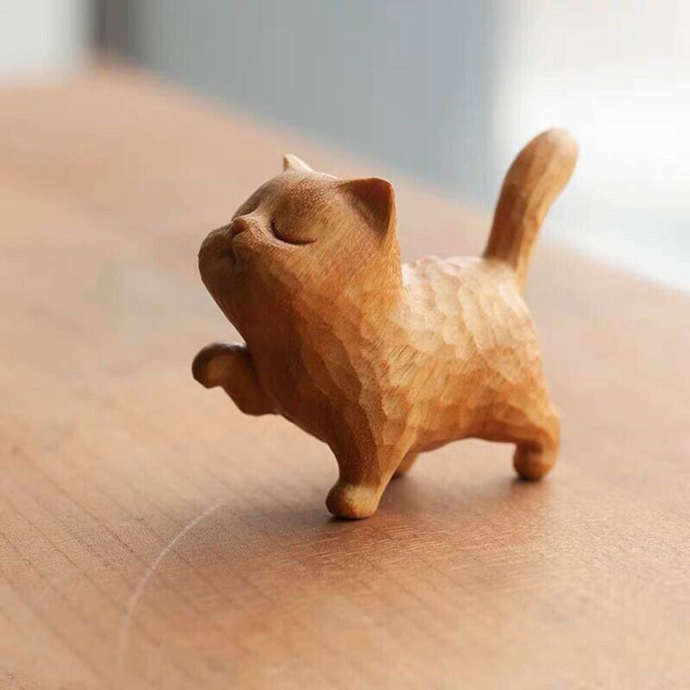 A tsundere cat — Wooden Statue animal Carving Wood Figure Decor Children Gift