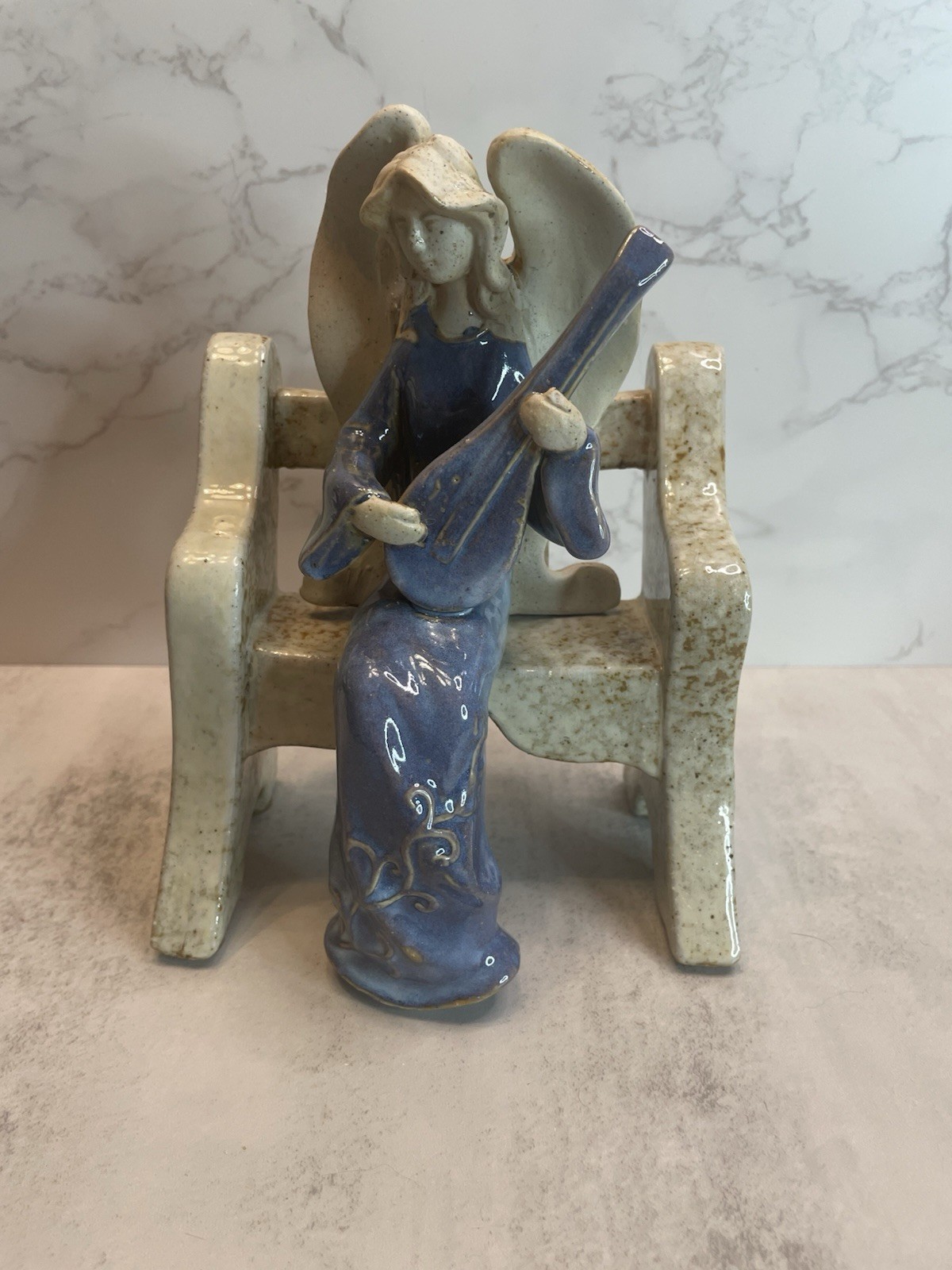VTG Heavenly Helpers 7” Stoneware Pottery Angel on Bench Musician w/Lute 1999