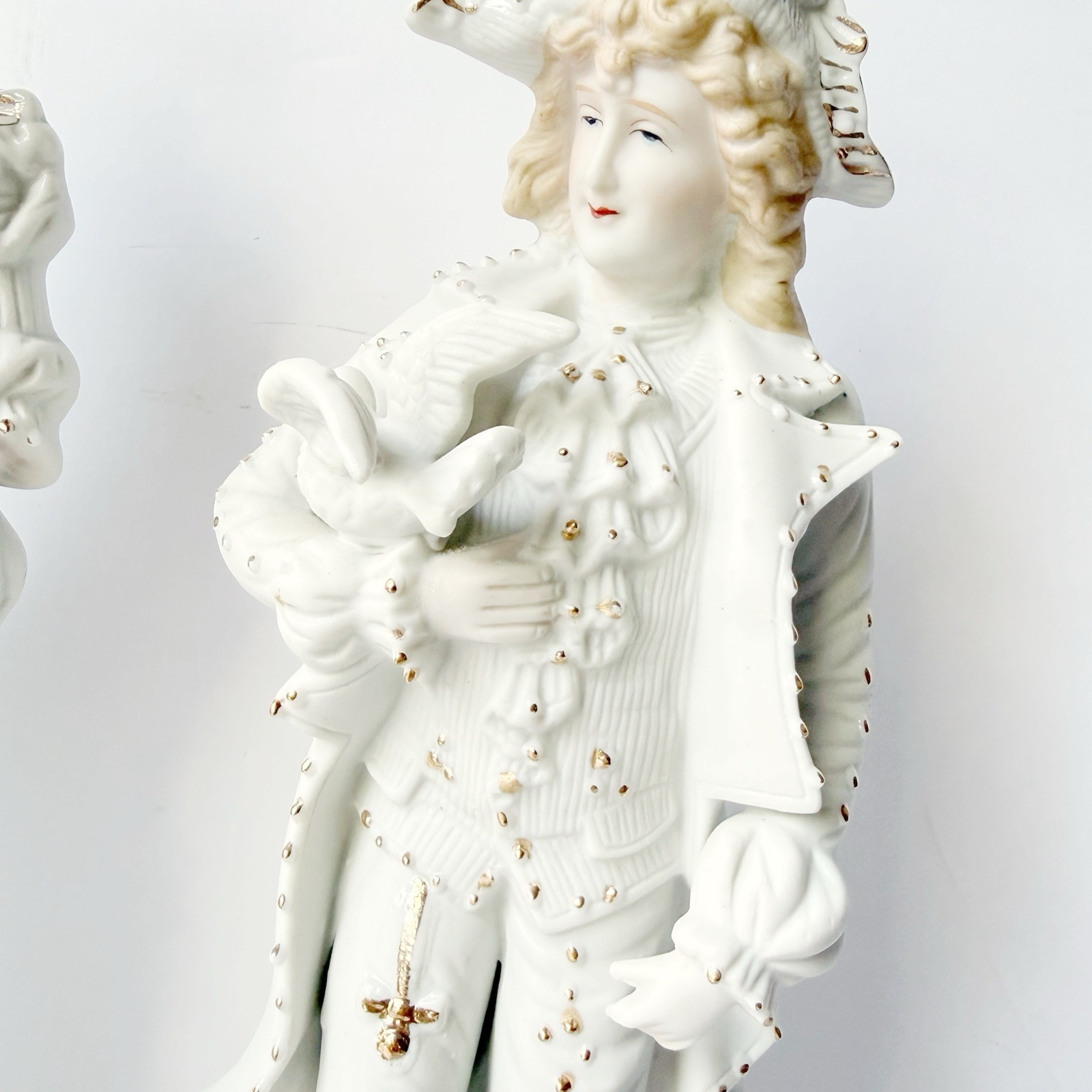 Vintage Pair of Rococo Baroque Couple Figurines Doves White Bisque Porcelain 12”