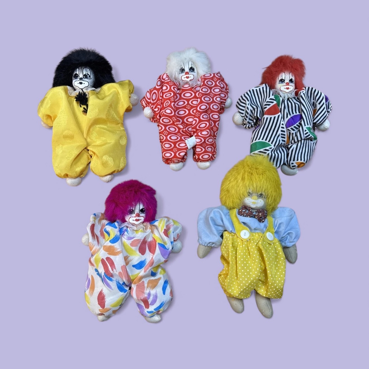 Lot Of 5 Vintage Q-Tee Clown Porcelain & Fabric Handmade Doll Sand Filled Weight