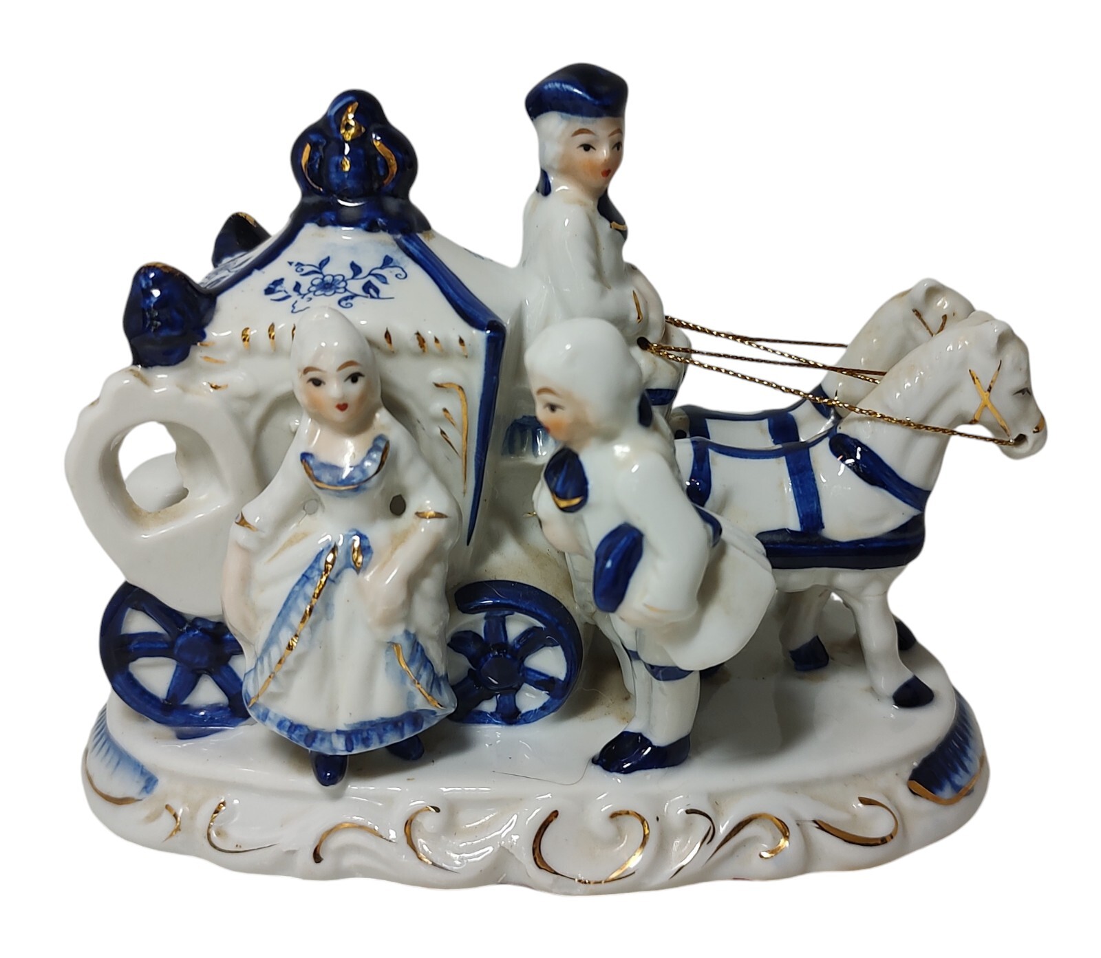 Vintage Colonial Figurine Cobalt Blue and White Porcelain Lady Coach Horses SEE
