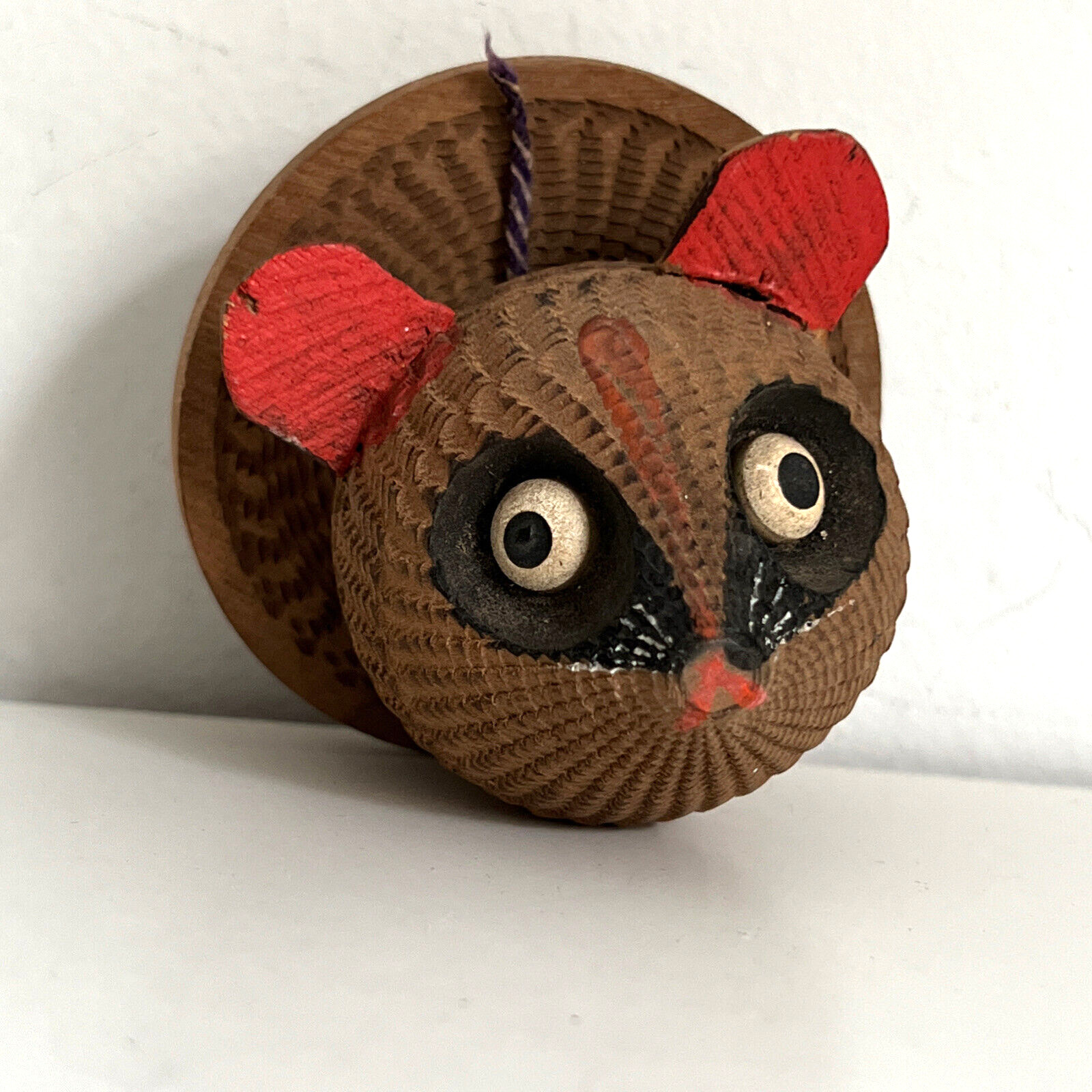Vintage Wooden Wood Carved Raccoon Head Painted Kokeshi Spinning Top Toy Figure