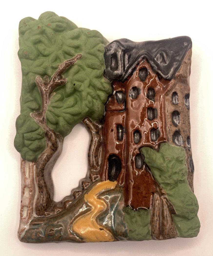 4.5″+Terracotta Glazed House & Tree Signed Busk County Brown Stone Building 3D