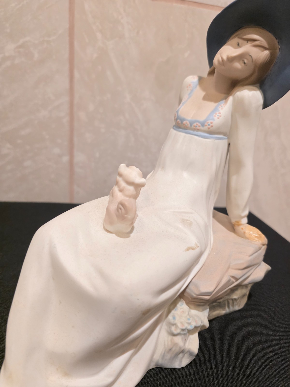 Vintage REX Valencia Hummelwerk Porcelain Figurine Woman Blue Hat Dog 9 1/2 “