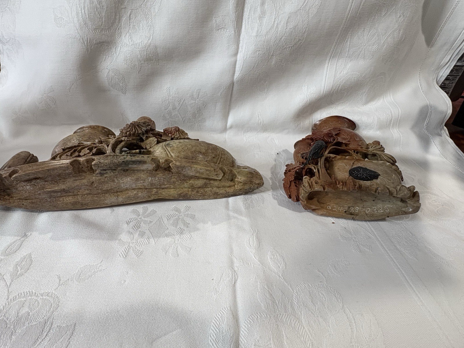 2pc Carved Stone Floral Figurines Set, Brown/Beige, Flowers Nature Theme