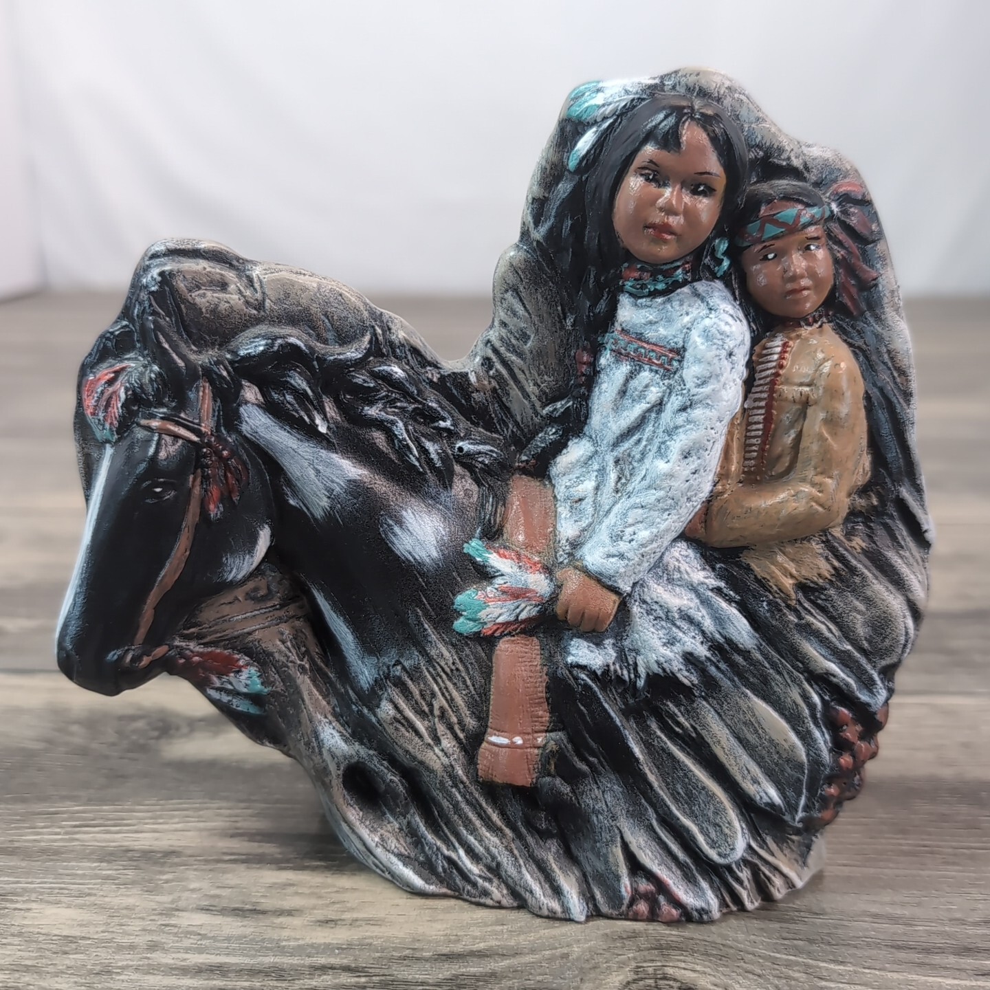 Native American Boy And Girl On Painted Horse Figurine 6.5″ Ceramic Hand Painted