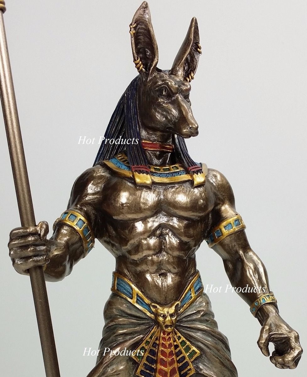 10″ Egyptian Anubis Jackal W Cobra Scepter Statue Sculpture Antique Bronze Color